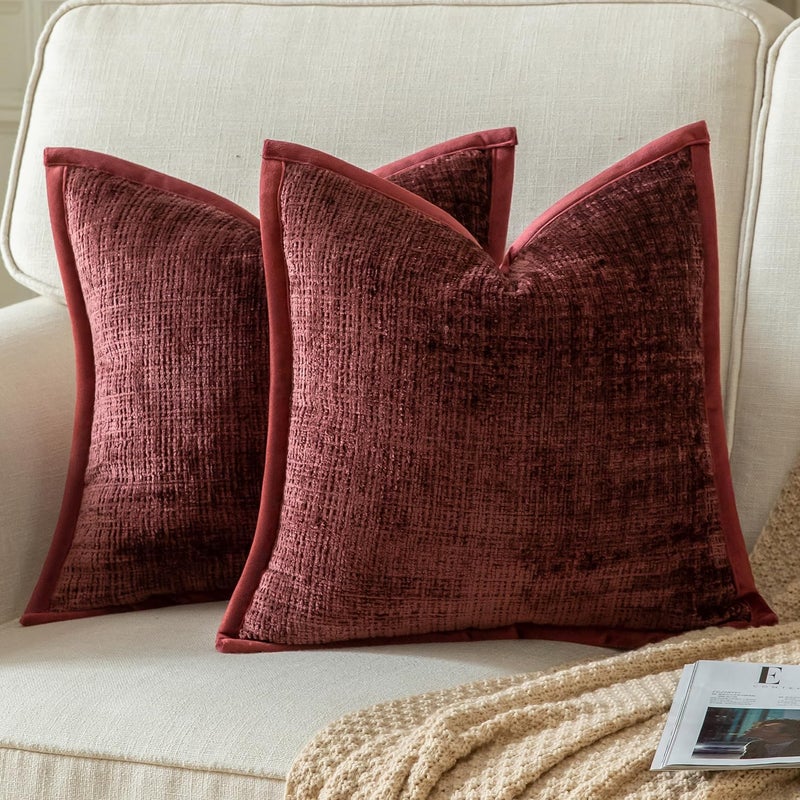 Yaertun Pack of 2 Chenille Textured Decorative Throw Pillow Covers Accent Solid Cushion Cover Soft Cozy Pillow Case with Velvet Back for Couch Sofa Bed Living Room 22x22 Inch Burgundy - Image 1