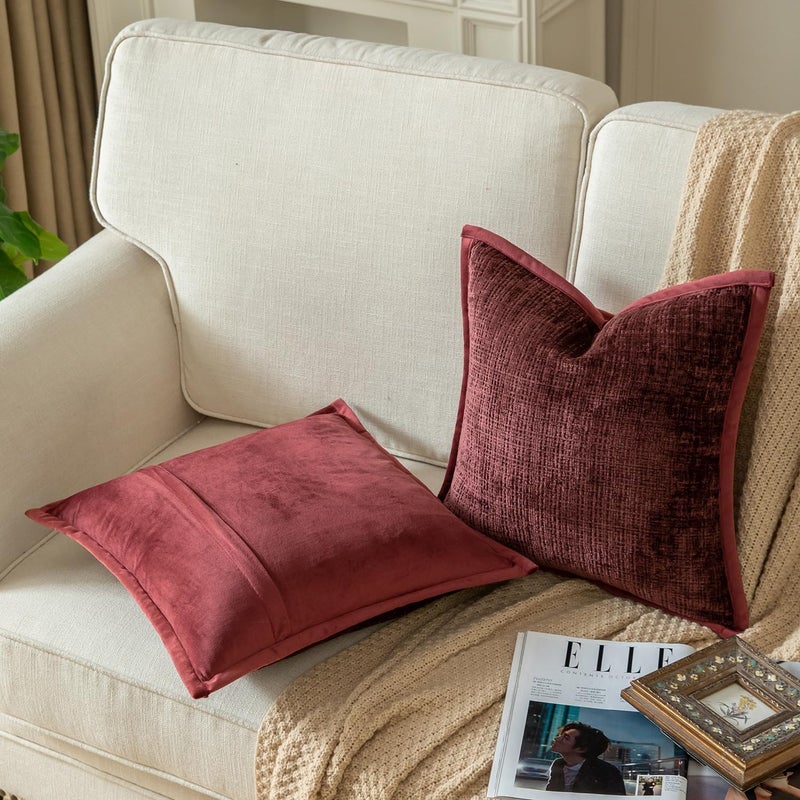 Yaertun Pack of 2 Chenille Textured Decorative Throw Pillow Covers Accent Solid Cushion Cover Soft Cozy Pillow Case with Velvet Back for Couch Sofa Bed Living Room 22x22 Inch Burgundy - Image 2
