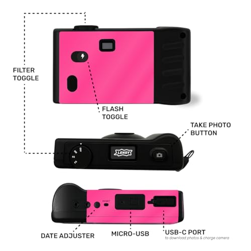 LENSY Screen Free Digital Camera | Four Built in Filters | Rechargeable, 8mp, Lightweight, Focus-Free, Auto-Flash, Easy-to-Use, Reusable, Retro Film-Style Photos (Pink) - Image 3