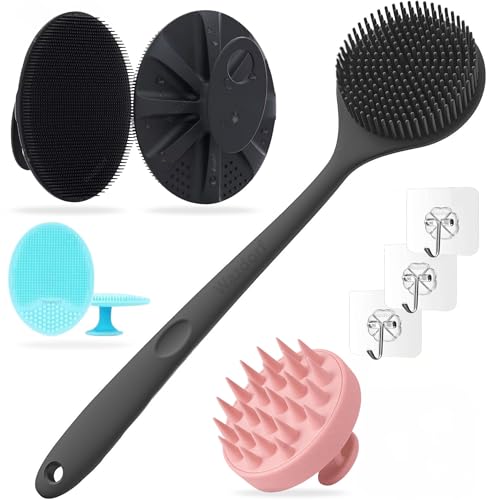 Wazdorf 4 in 1 Soft Silicone Back Scrubber with Long Handle + Multi Body Scrubber Brush + Scalp Massager | Super Exfoliating Shower Combo for Men & Women | BPA-Free | 3 Pcs Free Hook - Image 1