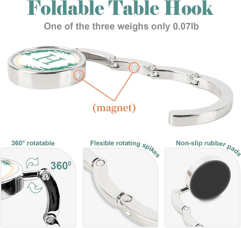 Iqimott 3pcs Personalized Initial Foldable Purse Hook for Table, Flower Letter Folding Handbag Hanger Portable Magnet Table Hook Holder, Collection Desk Purse Hooks for Women Bag (Green-H) - Image 3