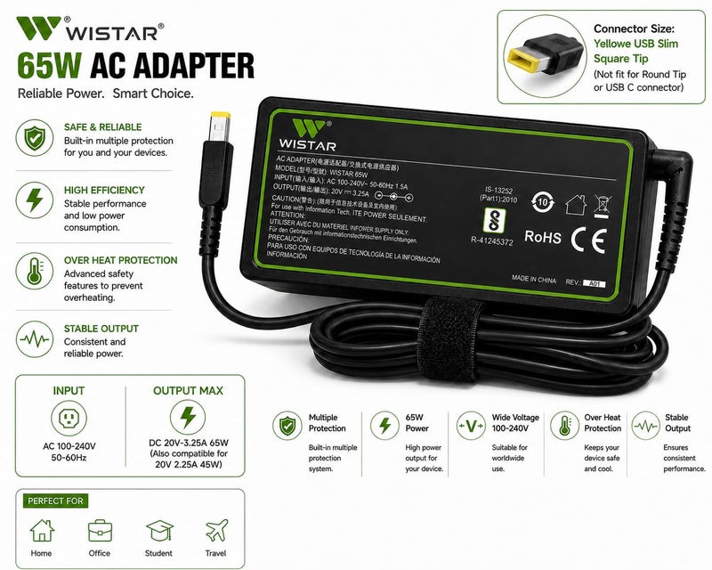 WISTAR 65W Replacement Lenovo Laptop Charger for Lenovo Thinkpad T470 T470s T460 T460s T450 T440 T440p X240 X260 Yoga 2 Pro 11 11s 11e Square Tip AC Adapter,Black - Image 3