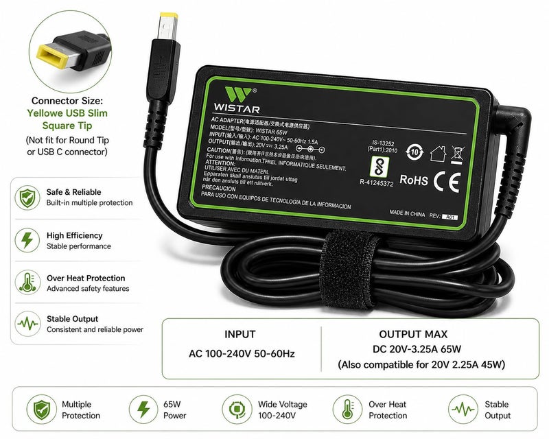 WISTAR 65W Replacement Lenovo Laptop Charger for Lenovo Thinkpad T470 T470s T460 T460s T450 T440 T440p X240 X260 Yoga 2 Pro 11 11s 11e Square Tip AC Adapter,Black - Image 2