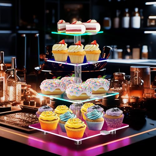 weddingwish 4 Tier LED Cupcake Stand Clear Acrylic Cupcake Tower with Rechargeable Light Cupcake Holder for 50 Cupcakes Cupcake Dessert Display Stand for PartiesWeddingsBirthdaysBaby Shower - Image 3