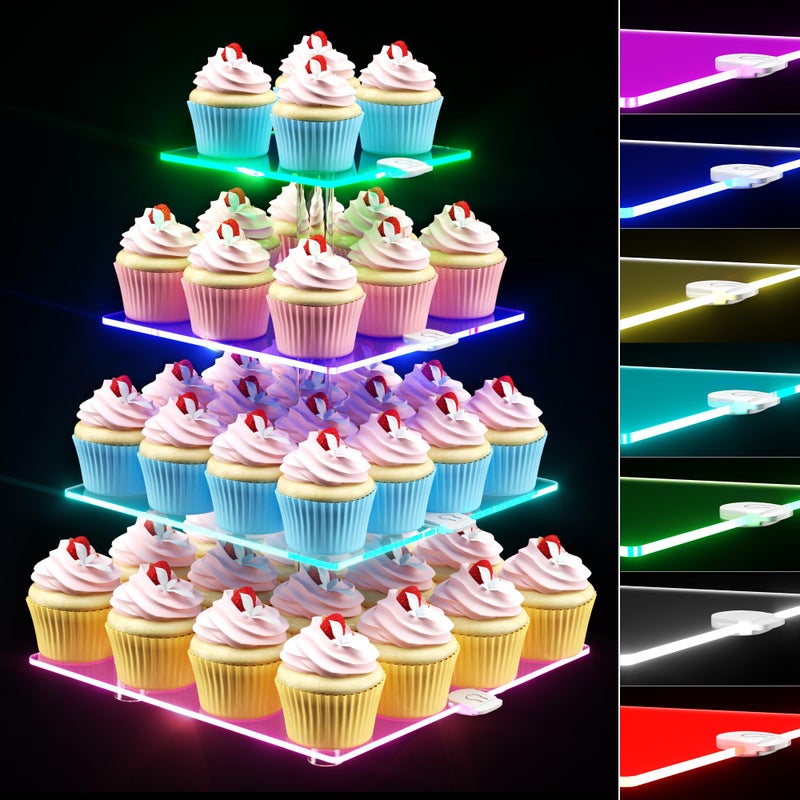 weddingwish 4 Tier LED Cupcake Stand Clear Acrylic Cupcake Tower with Rechargeable Light Cupcake Holder for 50 Cupcakes Cupcake Dessert Display Stand for PartiesWeddingsBirthdaysBaby Shower - Image 2