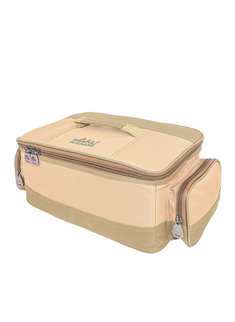 ALGHAFA - Camping Tool Bag, Camping and Travel Cookware Organizer, Travel Bag with Mesh Pockets, Portable Bag for Cooking, Grilling and Kitchen Tools, 17*25*35cm, Oxford Canvas, PVC Lining, Khaki Color - Image 1