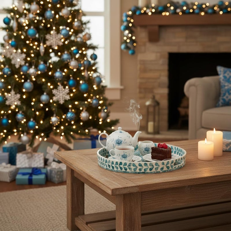PEMAR 12.6â€ Mother of Pearl Round Serving Tray with Handles, Decorative Nacred Wooden Ottoman Coffee Table Tray (Teal Floral Pattern) - Image 3
