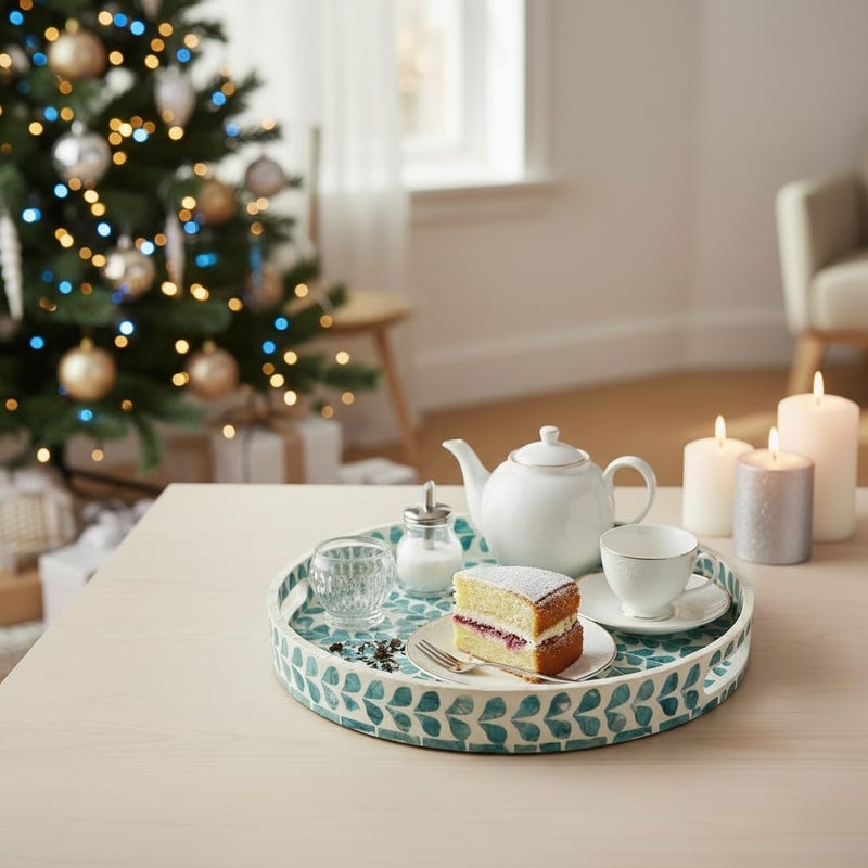 PEMAR 12.6â€ Mother of Pearl Round Serving Tray with Handles, Decorative Nacred Wooden Ottoman Coffee Table Tray (Teal Floral Pattern) - Image 2