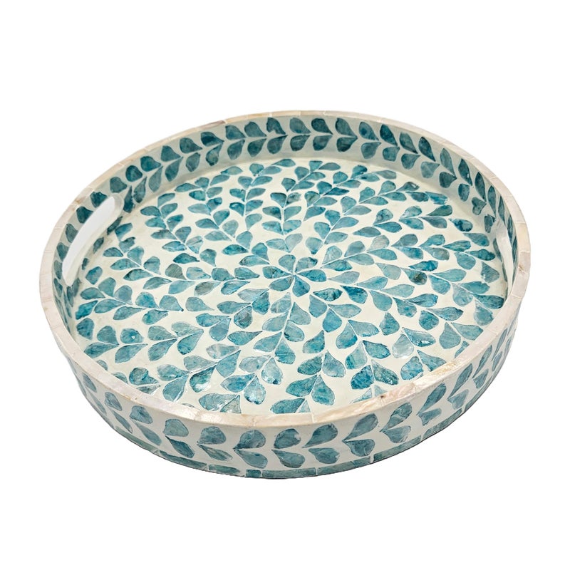PEMAR 12.6â€ Mother of Pearl Round Serving Tray with Handles, Decorative Nacred Wooden Ottoman Coffee Table Tray (Teal Floral Pattern) - Image 1