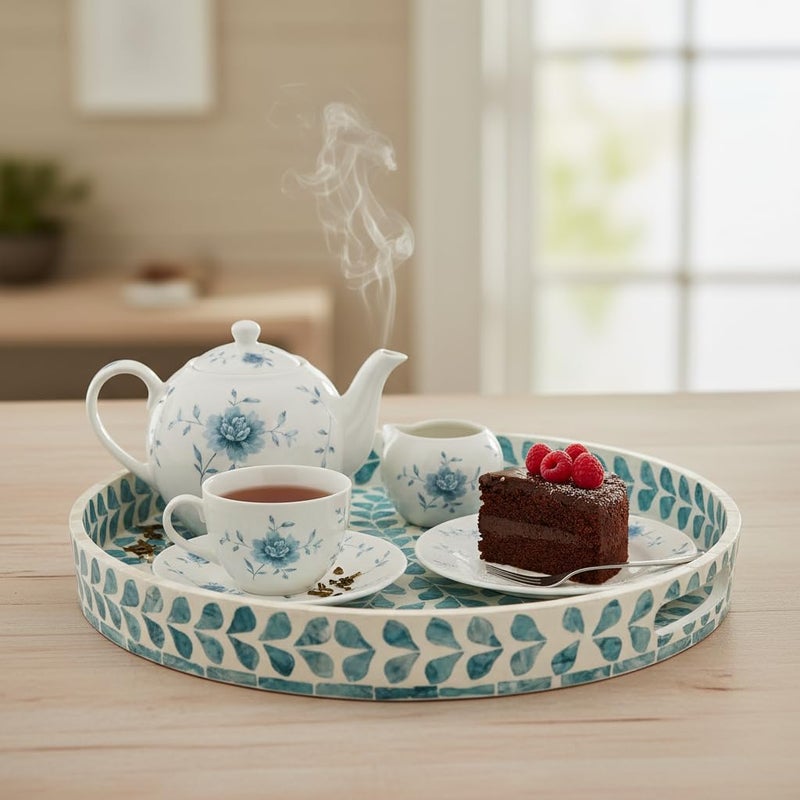 PEMAR 12.6â€ Mother of Pearl Round Serving Tray with Handles, Decorative Nacred Wooden Ottoman Coffee Table Tray (Teal Floral Pattern) - Image 5