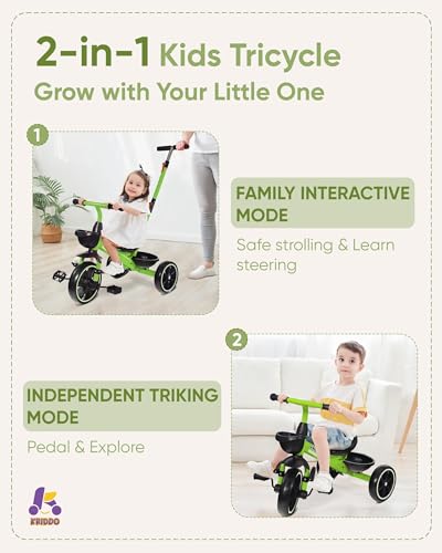 KRIDDO 2in1 Toddler Tricycle for Ages 18 Months to 5 Years Old Extended Push Handle for Effortless Push Gift Trike for Toddler 3 to 5 Year Kids Tricycle with Foldable Front Footrest Green - Image 5