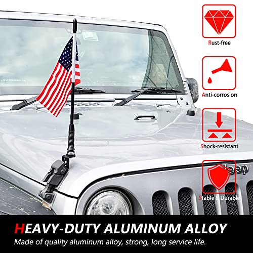 RERPRO علم RERPRO مع عمود وحامل تركيب لجيب رانجلر JK Unlimited 2007-2018 2 باب 4 باب ملحقات تركيب قفل غطاء المحرك حامل علم قابل للتعديل 360° من سبائك الألمنيوم باللون الأسود - Image 3