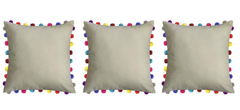 Lushomes Cushion Cover 24x24 Boho Cushion Covers Sofa Pillow Cover Cushion Covers with Tassels Cushion Cover with pom pom 24x24 Inches Set of 3 Beige - Image 1