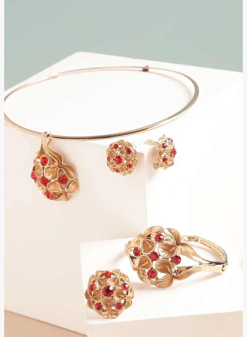 SOHI Gold Plated Designer Stone Party Necklace, Earring, Ring and Bracelet Set For Women