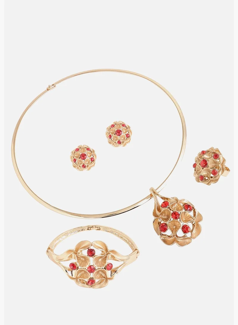 SOHI Gold Plated Designer Stone Party Necklace, Earring, Ring and Bracelet Set For Women