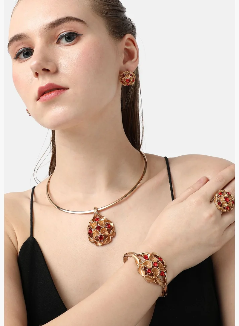 SOHI Gold Plated Designer Stone Party Necklace, Earring, Ring and Bracelet Set For Women