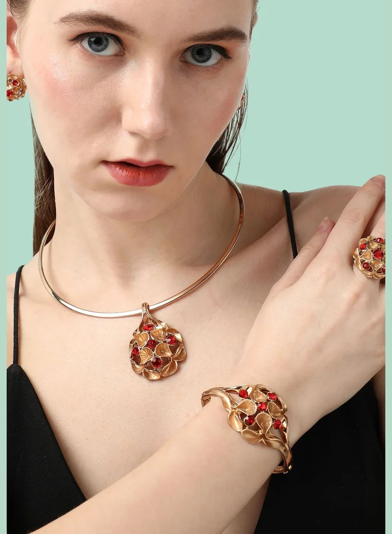 SOHI Gold Plated Designer Stone Party Necklace, Earring, Ring and Bracelet Set For Women