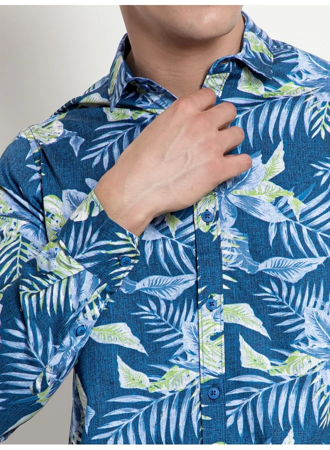 بيونغ قمصان رجالي بأكمام طويلة وطبعة زهور زرقاء