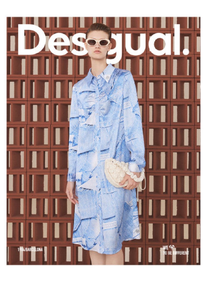 DESIGUAL فستان ماكسي بأكمام طويلة من الدنيم بطبعة على شكل حرف A - Image 1