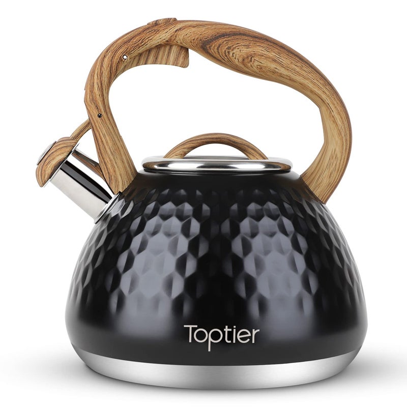 Tea Kettle Toptier Teapot Whistling Kettle with Wood Pattern Handle Loud Whistle Food Grade Stainless Steel Tea Pot for Stovetops Induction Diamond Design Water Kettle 27Quart Black