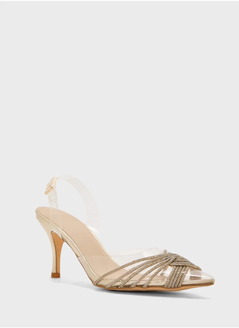 Truffle Diamante Embilleshed Pointy Pump