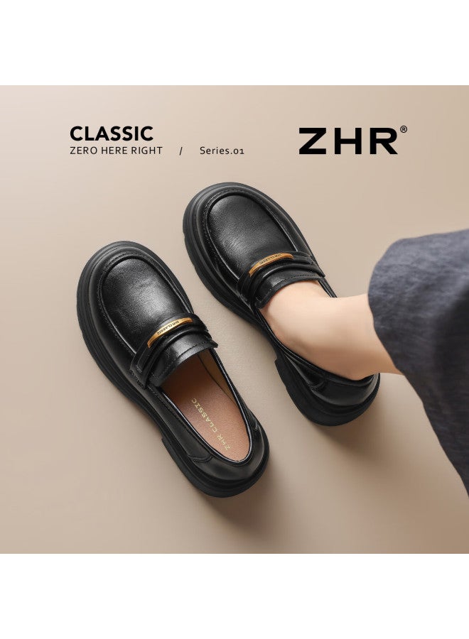 Zhr Zez Thick Sole Loafers Women New Round Toe Height Increasing Commuting Single Shoes With Skirt Leather Ay326 Black 39 - Image 1