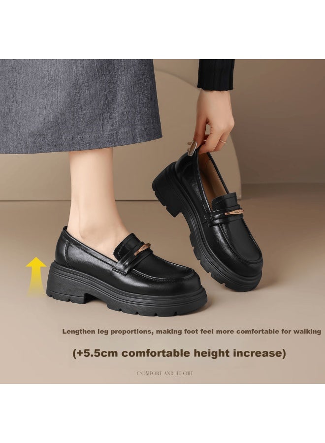 Zhr Zez Thick Sole Loafers Women New Round Toe Height Increasing Commuting Single Shoes With Skirt Leather Ay326 Black 39 - Image 3