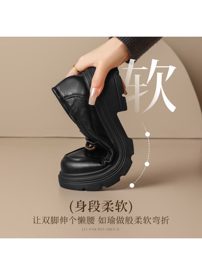 Zhr Zez Thick Sole Loafers Women New Round Toe Height Increasing Commuting Single Shoes With Skirt Leather Ay326 Black 39 - Image 5