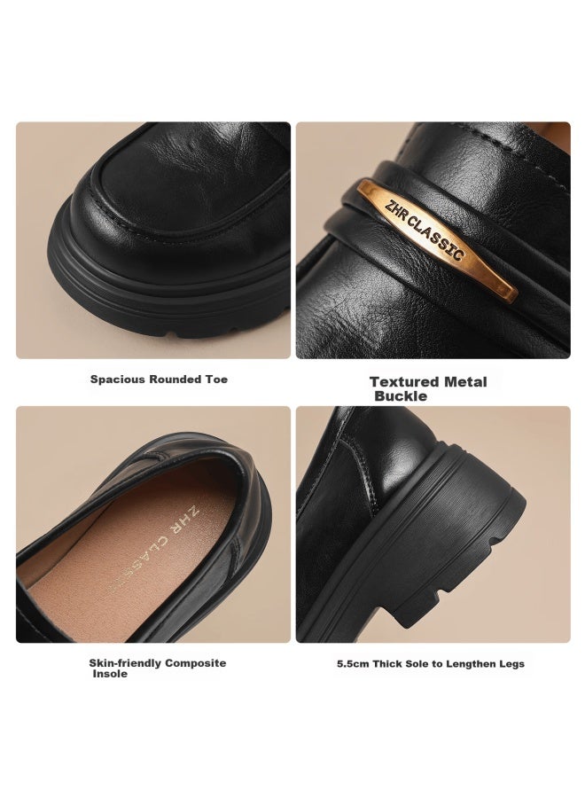 Zhr Zez Thick Sole Loafers Women New Round Toe Height Increasing Commuting Single Shoes With Skirt Leather Ay326 Black 39 - Image 4