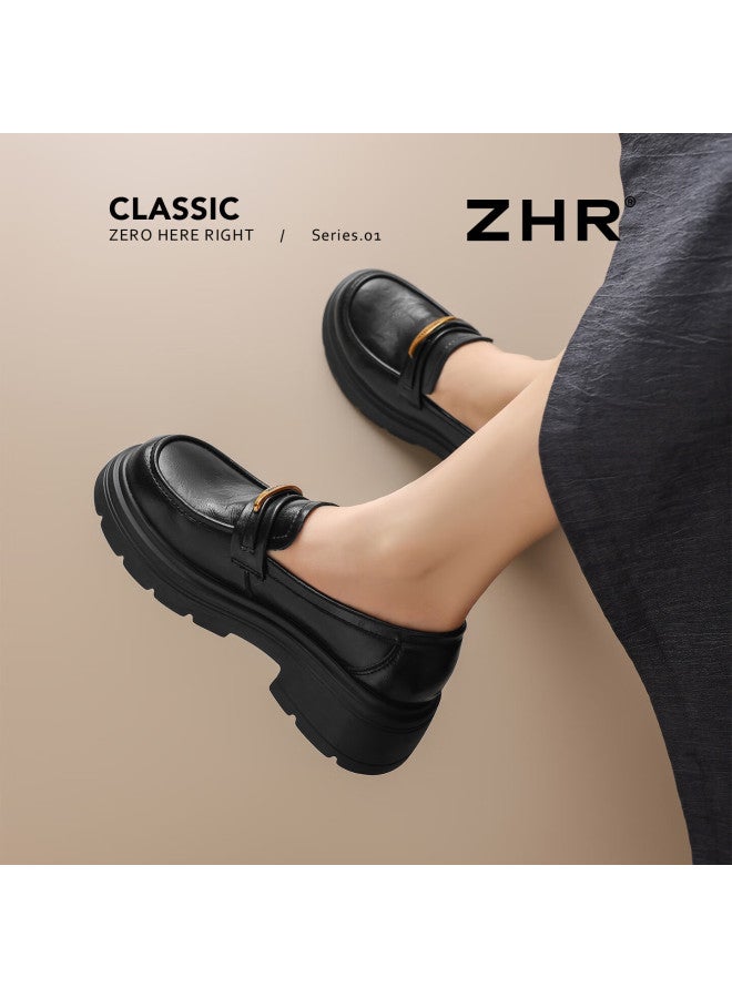 Zhr Zez Thick Sole Loafers Women New Round Toe Height Increasing Commuting Single Shoes With Skirt Leather Ay326 Black 39 - Image 2