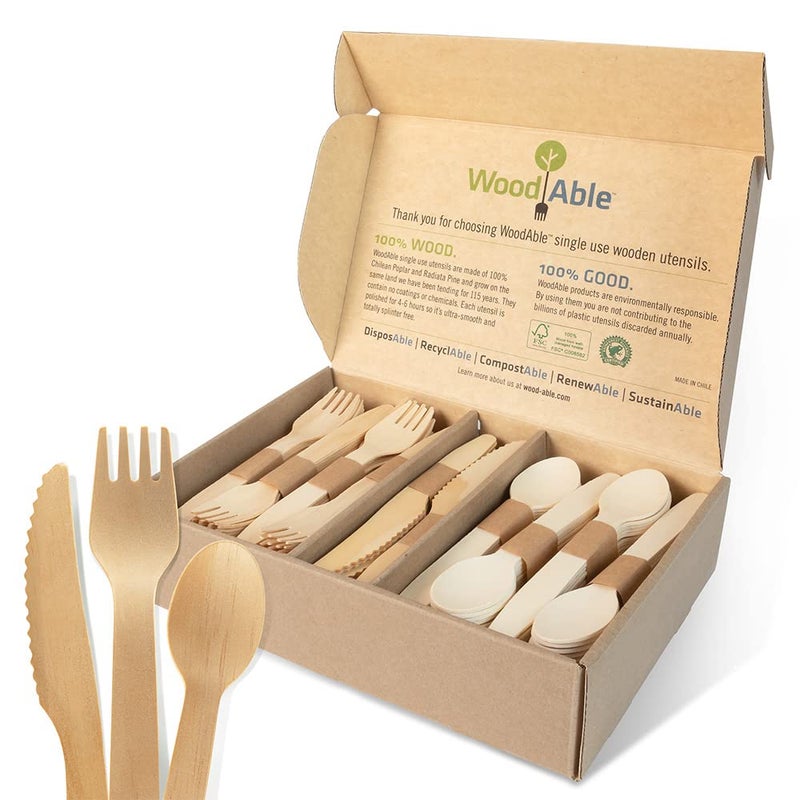 WOODABLE مجموعة أدوات المائدة الخشبية القابلة للتصرف والقابلة للتحلل في الحديقة من WOODABLE صديقة للبيئة مستدامة عضوية قابلة للتحلل صديقة للنباتيين 100 قطعة - تشمل 40 شوكة و40 ملعقة و20 سكين - Image 1
