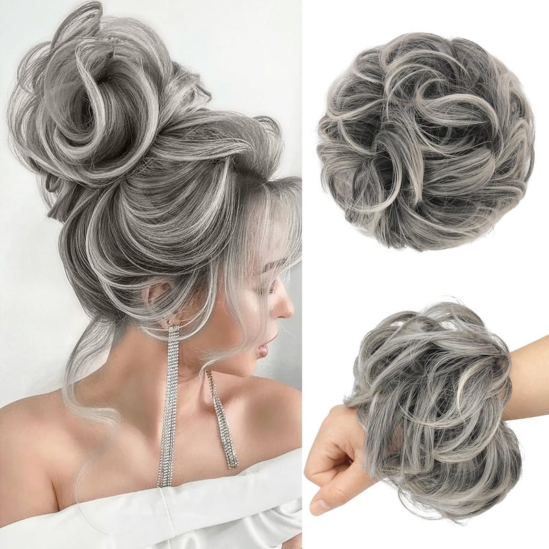 FESHFEN Messy Bun Hair Piece  Large Wavy Curly Elastic Hair Bun Scrunchies Ponytail Extensions Synthetic Chignon Hairpieces for Women Gray and White Tips 194oz