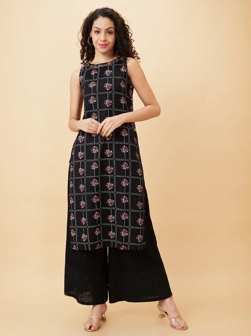 جلو باص Women Geometric Printed Round Neck Cotton A-Line Kurta