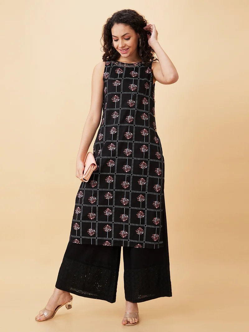 جلو باص Women Geometric Printed Round Neck Cotton A-Line Kurta
