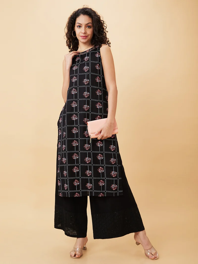 جلو باص Women Geometric Printed Round Neck Cotton A-Line Kurta
