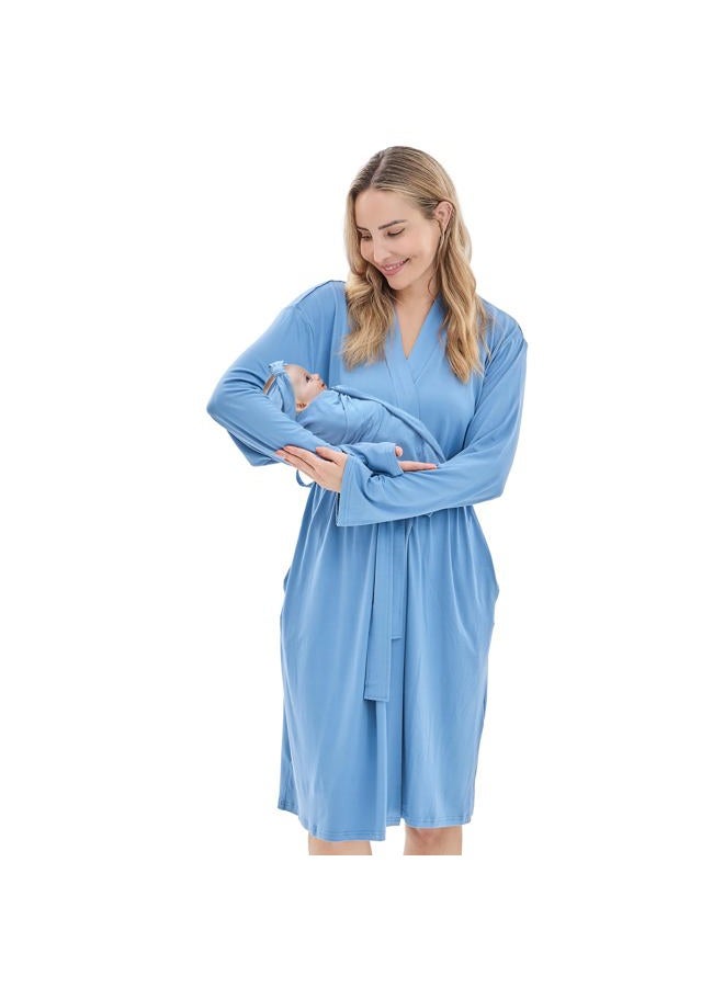 V.&GRIN Mommy and Me Robe and Swaddle Set, Maternity Robe and Matching Baby Blanket | Hospital Outfits Labor Delivery(Navy BlueL/XL) - Image 1