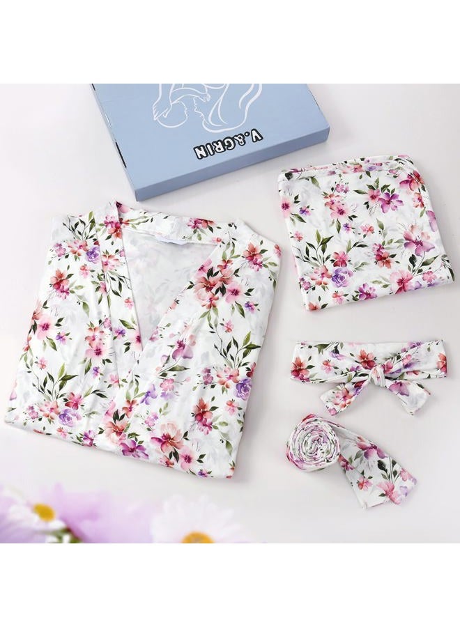 V.&GRIN Mommy and Me Robe and Swaddle Set, Maternity Robe and Matching Baby Blanket | Hospital Outfits Labor Delivery(Navy BlueL/XL) - Image 3