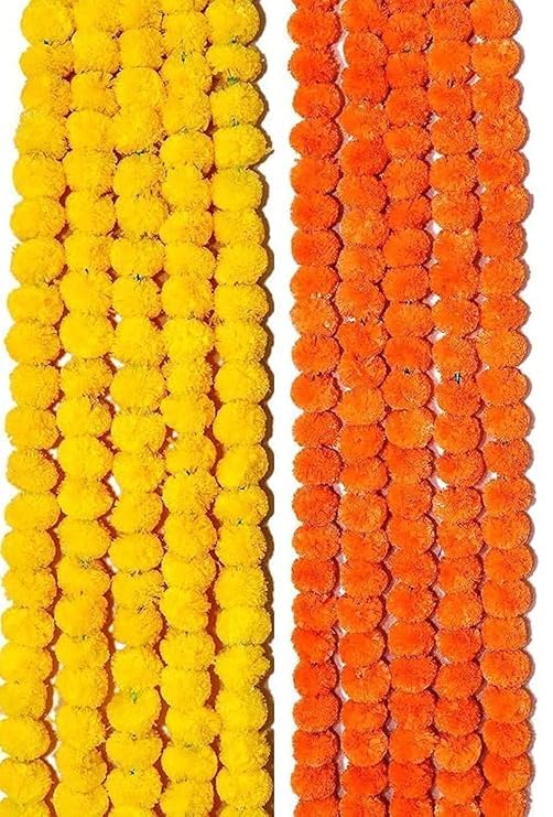 FIVE SEASONS 10 Pcs Artificial Marigold Garlands Decoration Yellow and Orange Artificial Flowers for Decor Long Garland Decoration for Diwali Navratri Pooja House Warming Temple Christmas - Image 1