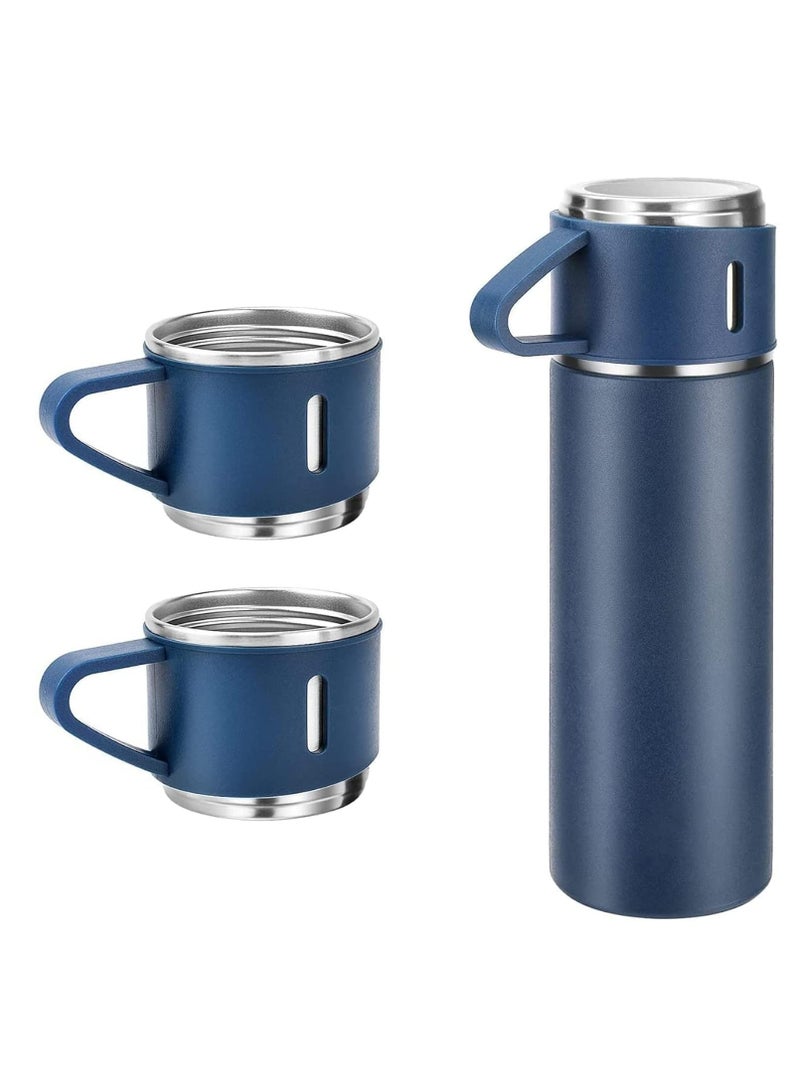 eBasket Thermos Set (Bottle and 2 Cups with the possibility of using the lid as a third cup) Made of double-layer stainless steel with a vacuum flask, travel and trip bottle, capacity 500 ml (Blue) - Image 1