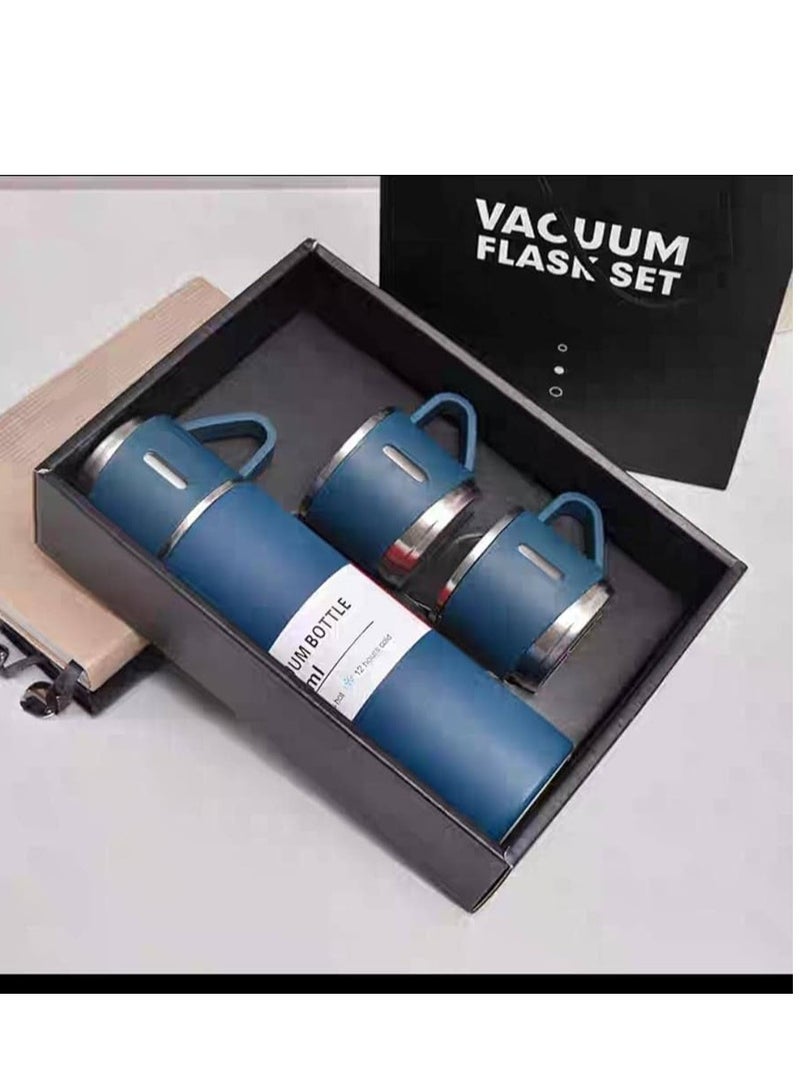 eBasket Thermos Set (Bottle and 2 Cups with the possibility of using the lid as a third cup) Made of double-layer stainless steel with a vacuum flask, travel and trip bottle, capacity 500 ml (Blue) - Image 2