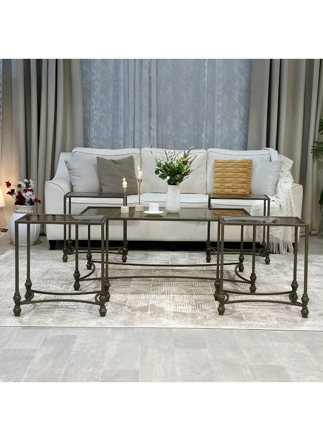 l'elefante 5-Piece Glass Coffee Table Set – Large Rectangular Table + 4 Nesting Side Tables – Clear Tempered Glass Top with Iron Frame – Modern Living Room Tables – Arabic Majlis Side Tables – Tea & Snack Serving Tables – Home, Office, Hotel, Reception  - Image 2