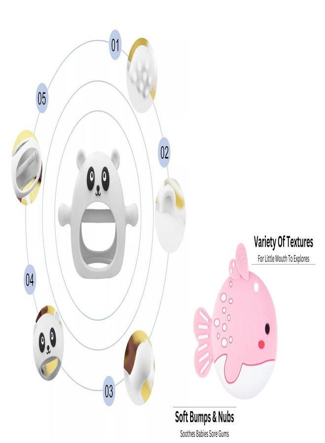 RUKAN Silicone Baby Teether Toys Never Drop Infant Teething Mitten Toys, Fish Multi-Textured Surface for Soothing Gums 6 to 12 Months, Helps Biting Skills Development (White & Pink) - Image 2