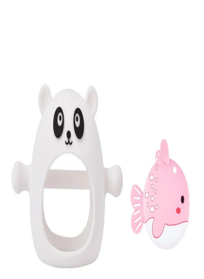 RUKAN Silicone Baby Teether Toys Never Drop Infant Teething Mitten Toys, Fish Multi-Textured Surface for Soothing Gums 6 to 12 Months, Helps Biting Skills Development (White & Pink) - Image 1