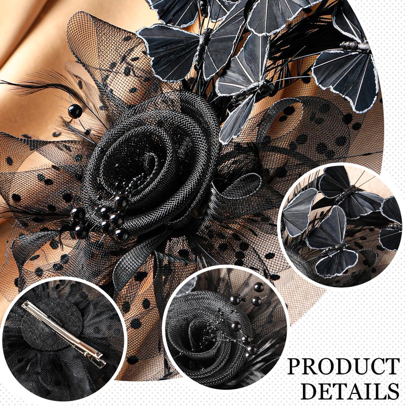 Zinniday Black Butterfly Derby Hat - 2026 Classic Victoria Tea Party Hats with Hair Clip, 1920s 50s Flower Feather Fascinators for Lady Woman Girl Attire Church Funeral Party Dress Up - Image 5