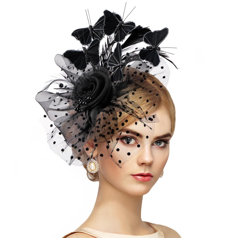 Zinniday Black Butterfly Derby Hat - 2026 Classic Victoria Tea Party Hats with Hair Clip, 1920s 50s Flower Feather Fascinators for Lady Woman Girl Attire Church Funeral Party Dress Up - Image 1