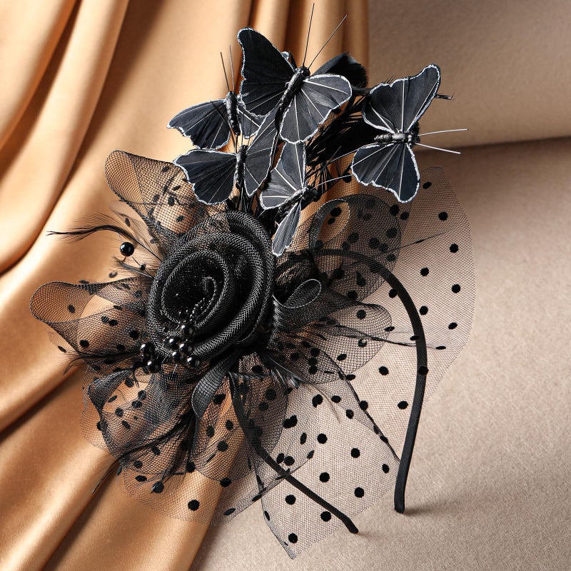 Zinniday Black Butterfly Derby Hat - 2026 Classic Victoria Tea Party Hats with Hair Clip, 1920s 50s Flower Feather Fascinators for Lady Woman Girl Attire Church Funeral Party Dress Up - Image 3