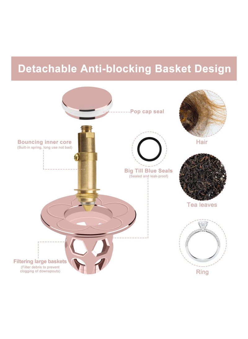 SYOSI 2PCS Universal Pop Up Sink Plug, Brass Bounce Core Stopper Sink Drain Stoppers Push-Type Drain Plug Leakproof Basin Plug for Ø34-40mm Drain Holes Wash Basin, Bathroom, Kitchen (Rose Gold) - Image 2