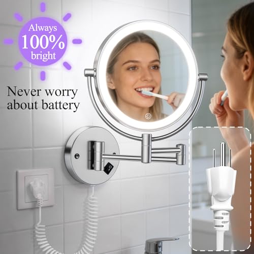 FASCINATE Wall Mounted Makeup Mirror with Lights, 30X/1X Double-Sided Magnifying, Plug-in Lighted Vanity Mirror with 3 Color Modes, Dimmable Brightness, 360° Swivel Extendable Arm for Bathroom & Grooming - Image 4