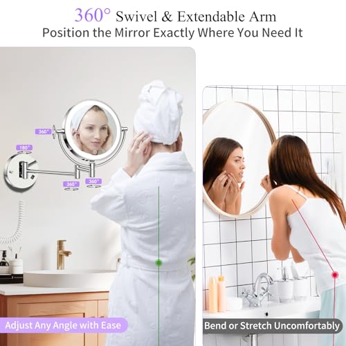 FASCINATE Wall Mounted Makeup Mirror with Lights, 30X/1X Double-Sided Magnifying, Plug-in Lighted Vanity Mirror with 3 Color Modes, Dimmable Brightness, 360° Swivel Extendable Arm for Bathroom & Grooming - Image 5
