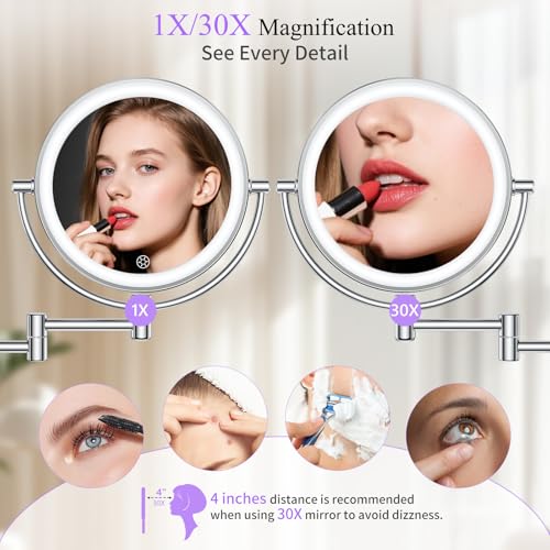 FASCINATE Wall Mounted Makeup Mirror with Lights, 30X/1X Double-Sided Magnifying, Plug-in Lighted Vanity Mirror with 3 Color Modes, Dimmable Brightness, 360° Swivel Extendable Arm for Bathroom & Grooming - Image 2
